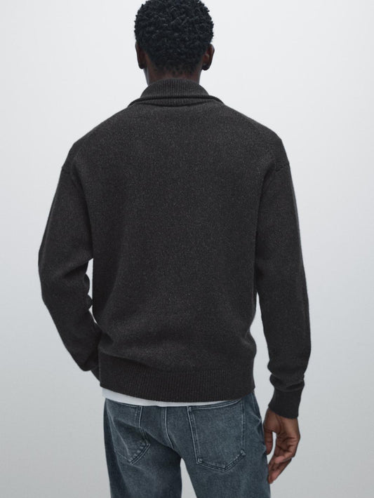 Wool blend high neck knit cardigan