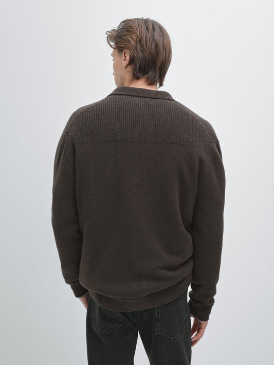 100% wool knit cardigan with polo collar