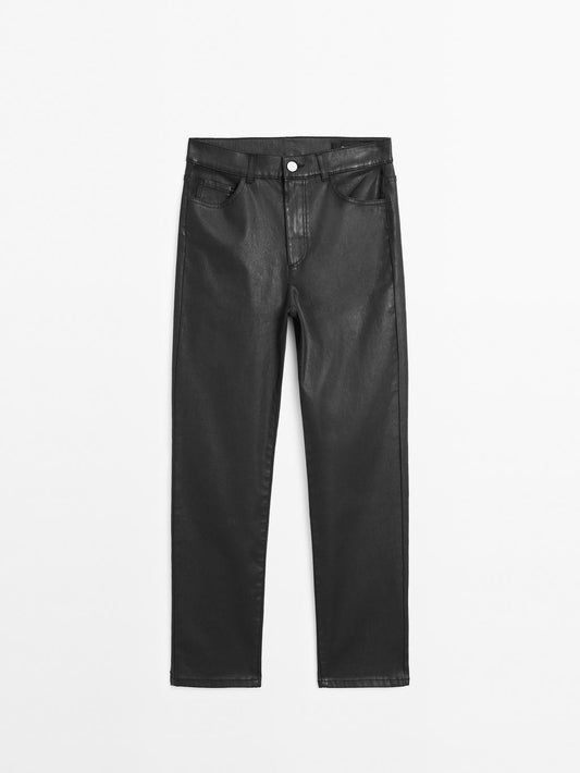 High-waist straight-leg waxed trousers