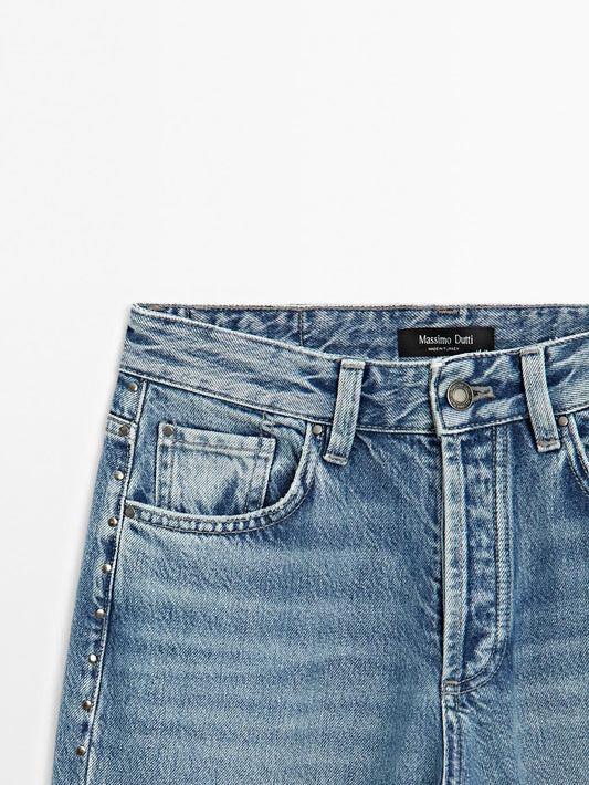 Mid-rise wide-leg jeans with studs