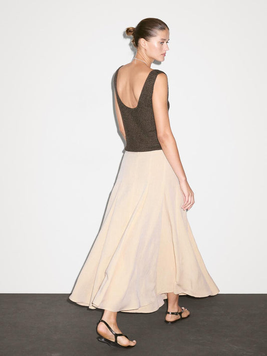 Flounce linen blend midi skirt