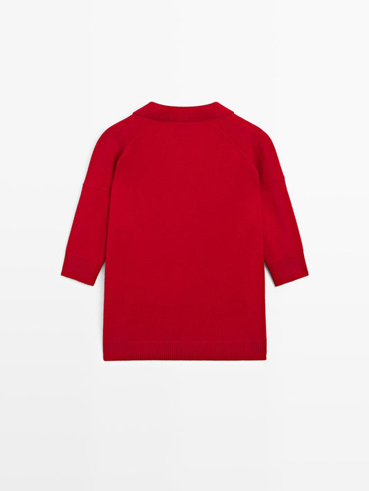 Wool blend knit V-neck polo shirt