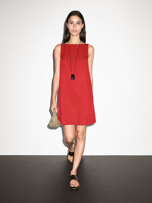 Short linen blend dress with low-cut back