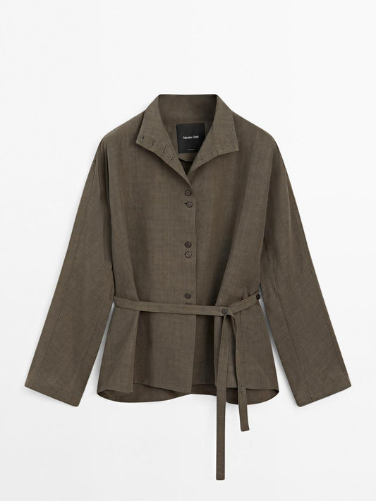 Linen blend stand collar jacket