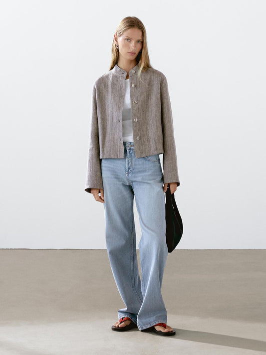 Short linen jacket with stand collar