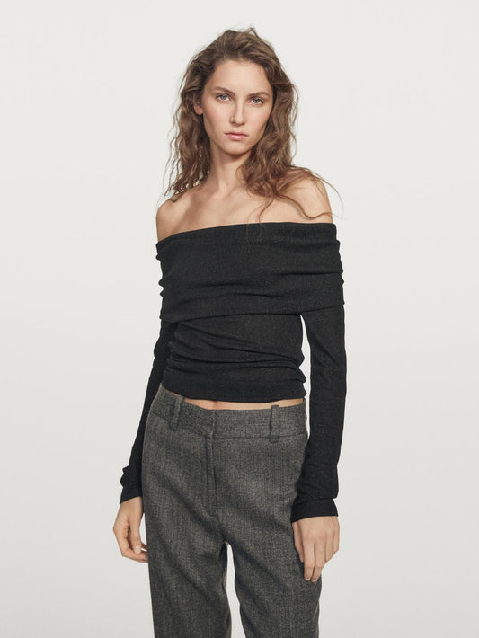 Ribbed long sleeve T-shirt with metallic finish