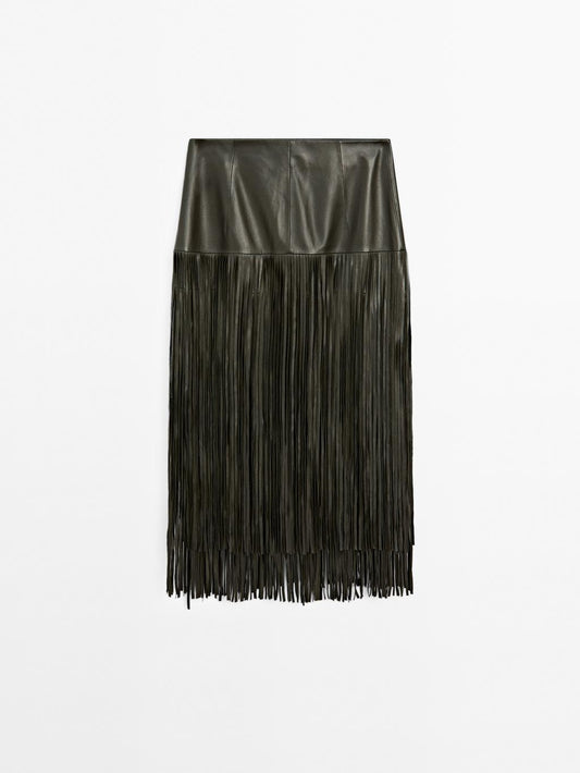 Nappa leather midi skirt with fringing - STUDIO