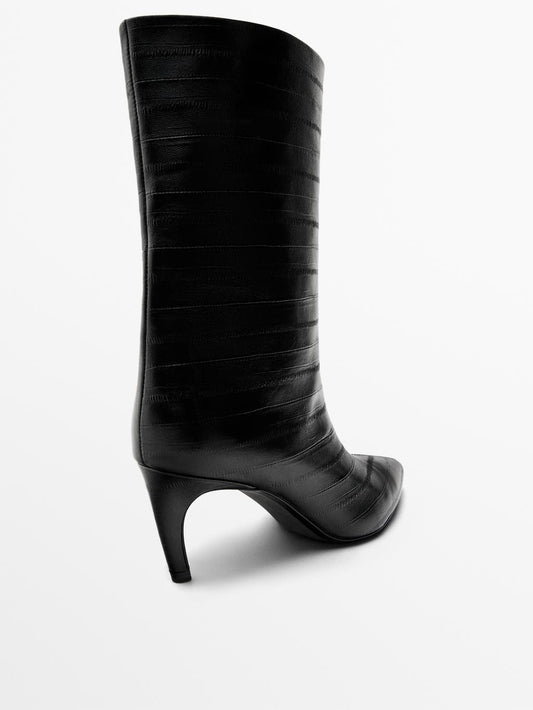 Embossed leather high-heel ankle boots