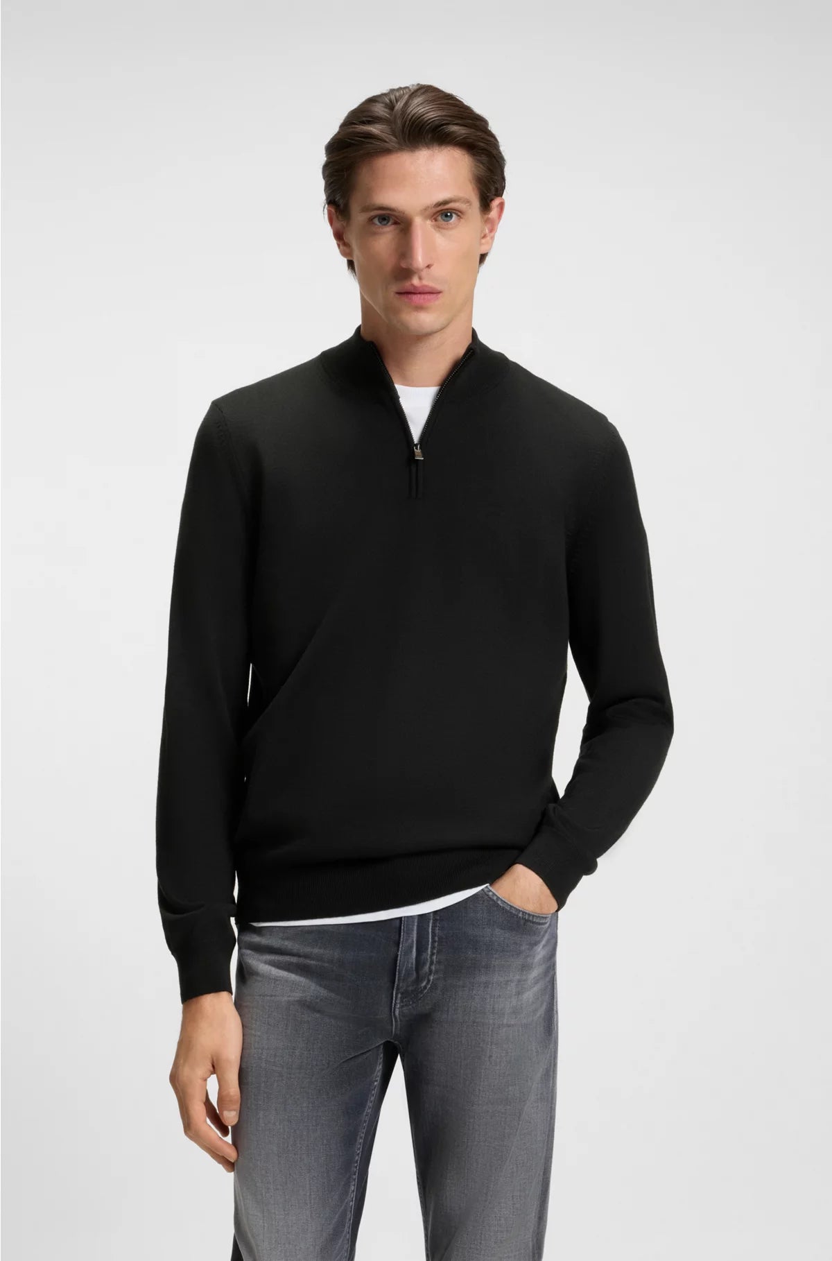 Zip-neck sweater in virgin wool