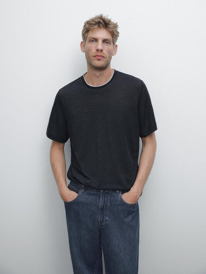 Linen blend contrast knit T-shirt
