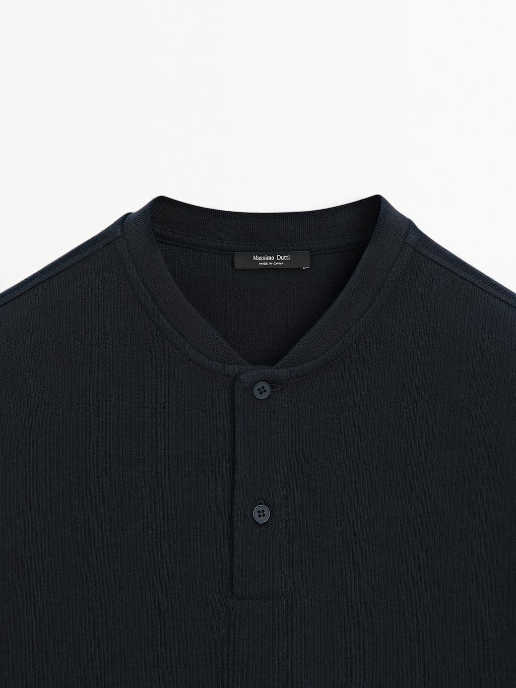 Ribbed polo shirt with stand collar