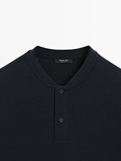 Ribbed polo shirt with stand collar