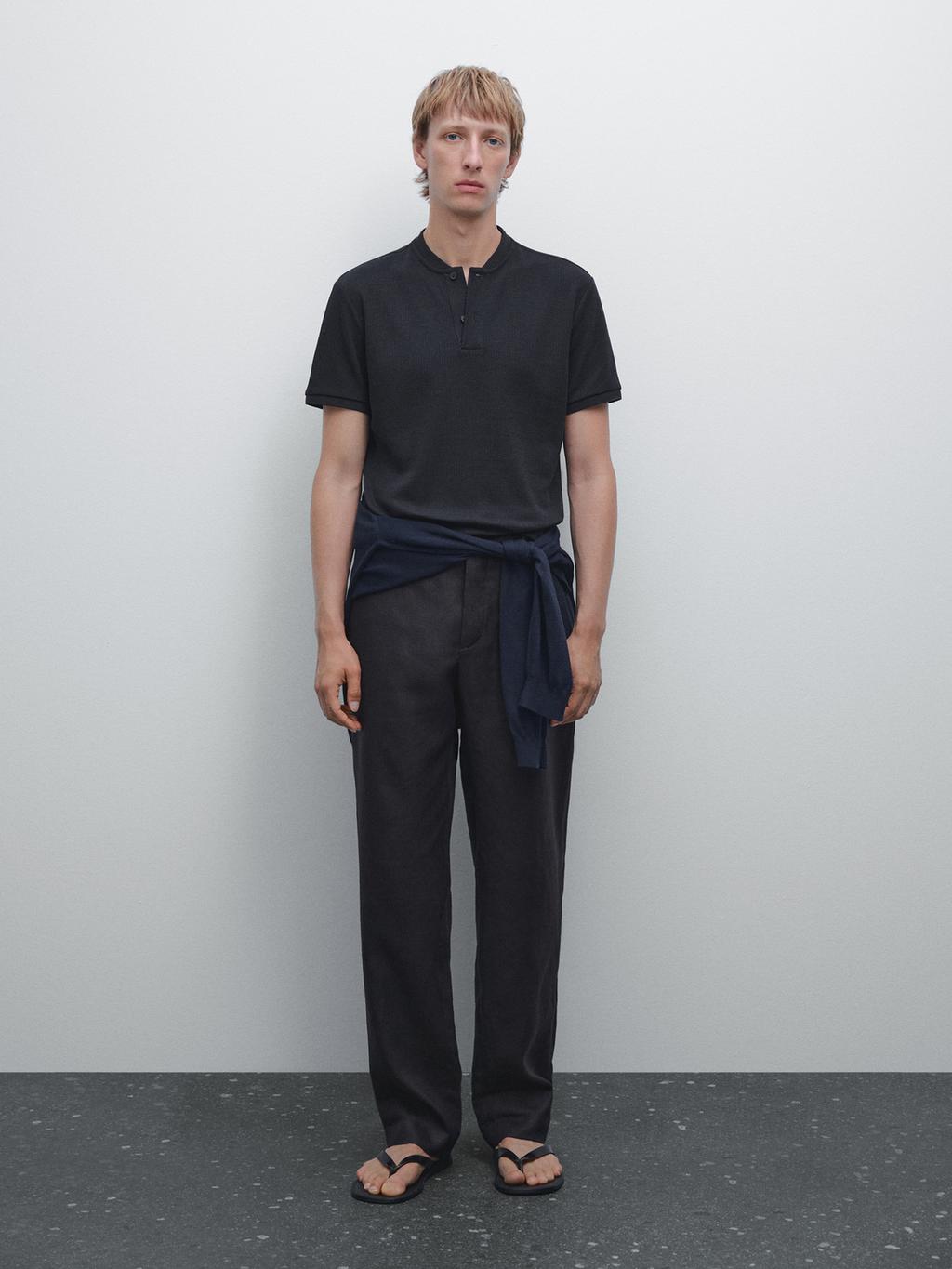 Ribbed polo shirt with stand collar