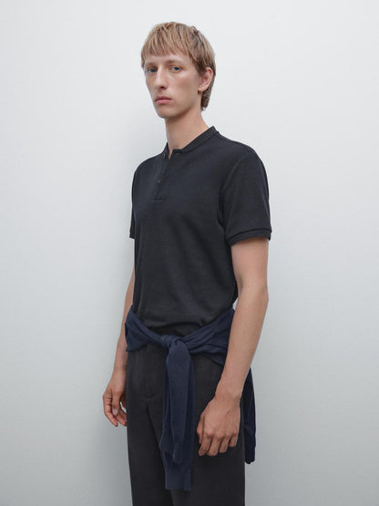 Ribbed polo shirt with stand collar