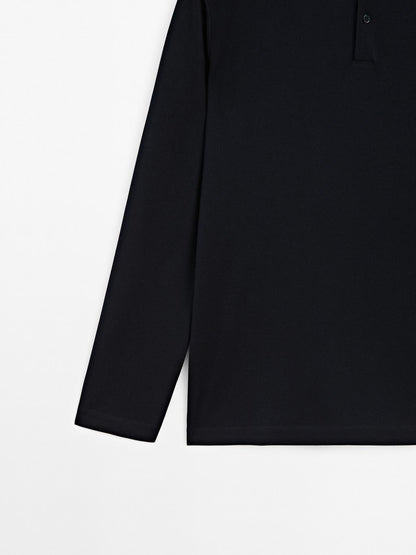 Long sleeve mercerised cotton pique polo shirt