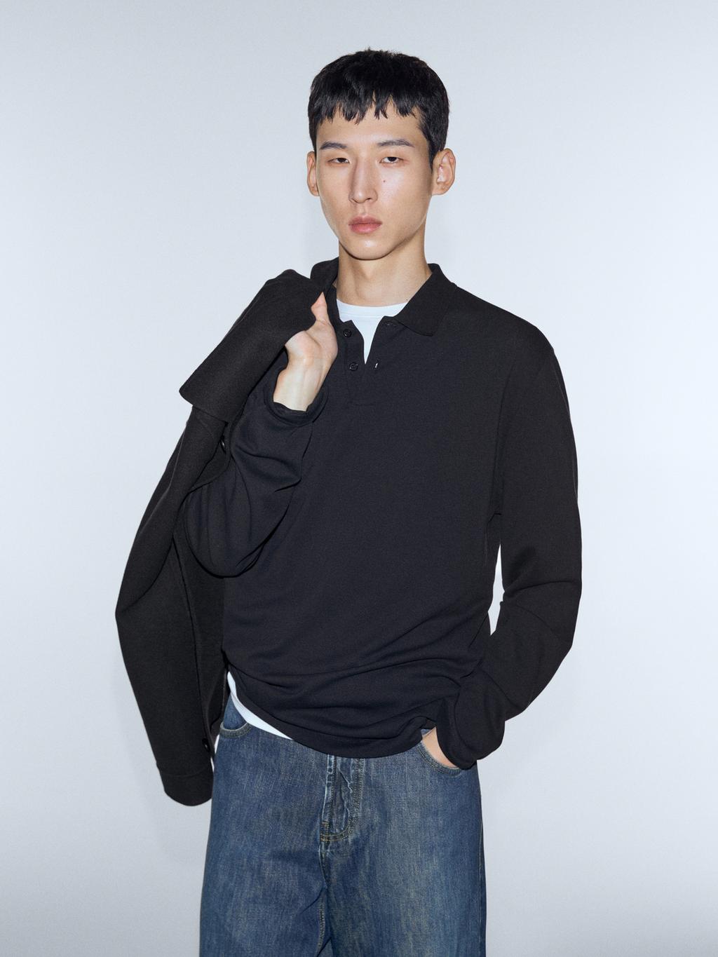 Long sleeve mercerised cotton pique polo shirt