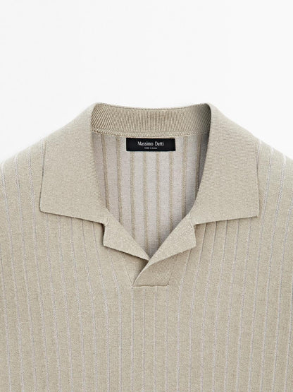 Ribbed knit short sleeve polo shirt