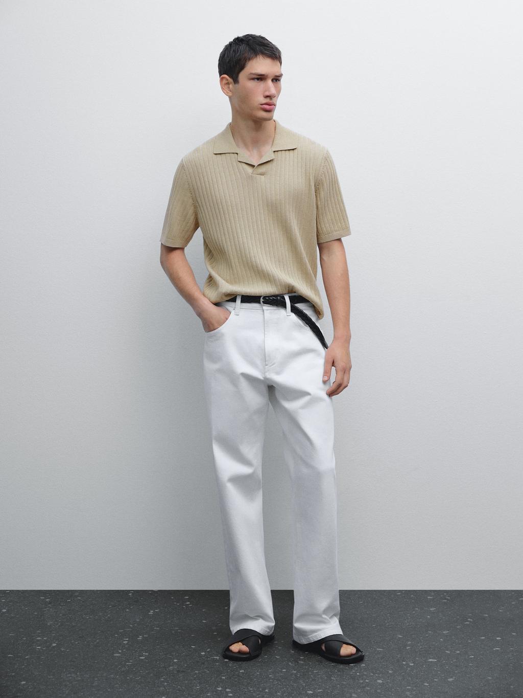 Ribbed knit short sleeve polo shirt