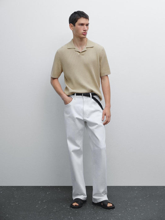 Ribbed knit short sleeve polo shirt