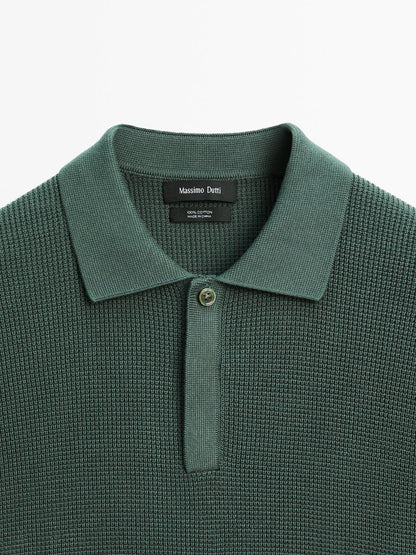 Textured cotton knit polo shirt