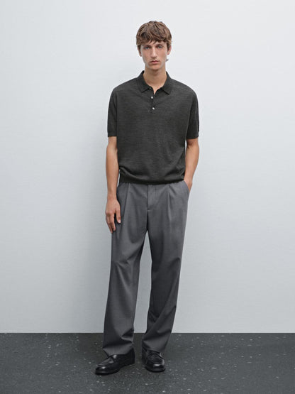 Short sleeve wool blend knit polo shirt