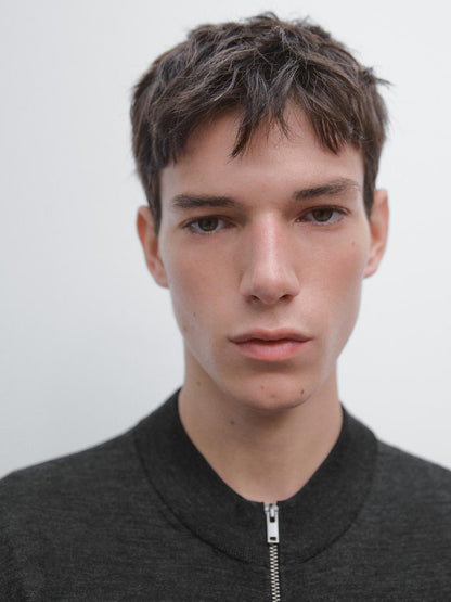 100% merino wool zip-up knit cardigan