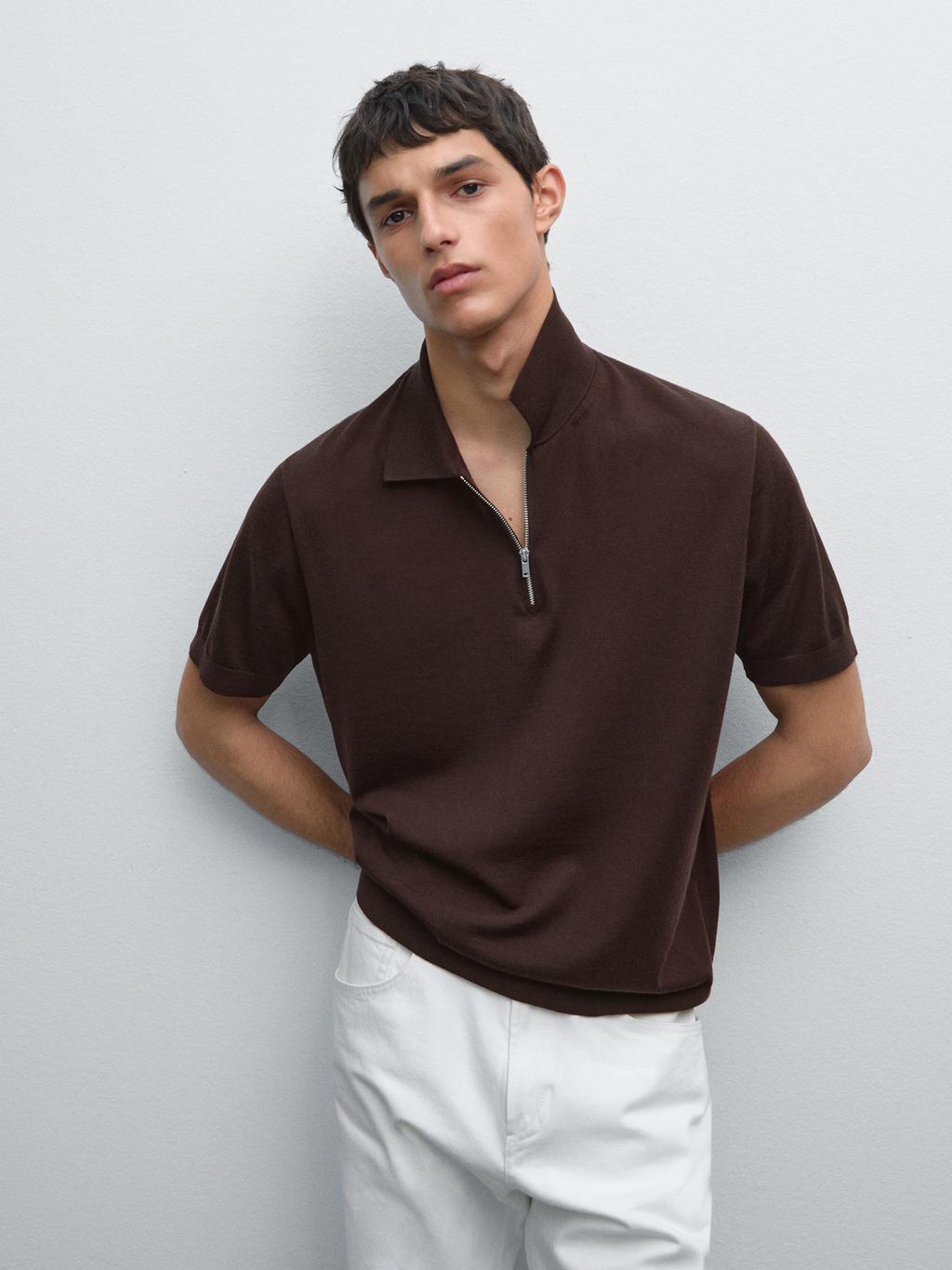Knit polo shirt with zip collar