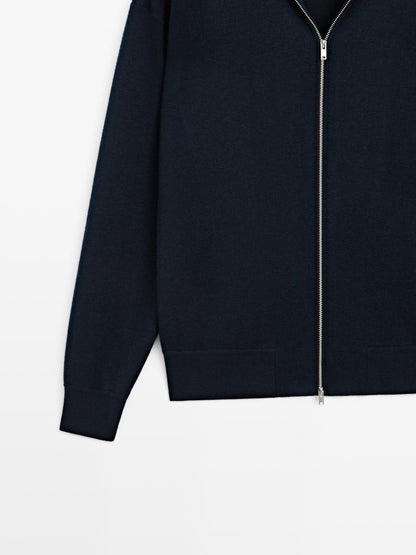 Cotton and wool blend zip-up cardigan