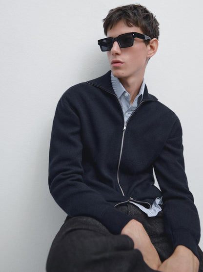 Cotton and wool blend zip-up cardigan