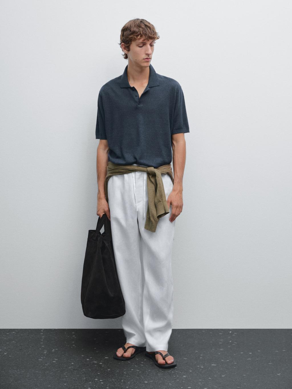 Linen blend knit polo shirt