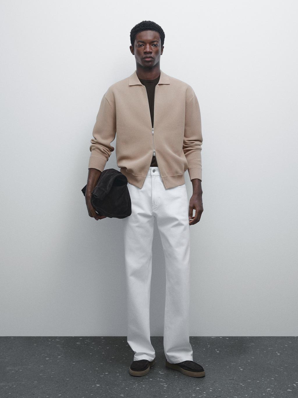 Cotton blend zip-up knit cardigan