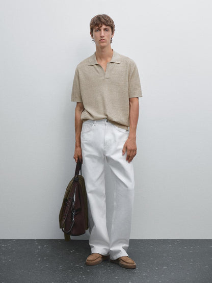 Linen and cotton knit polo shirt