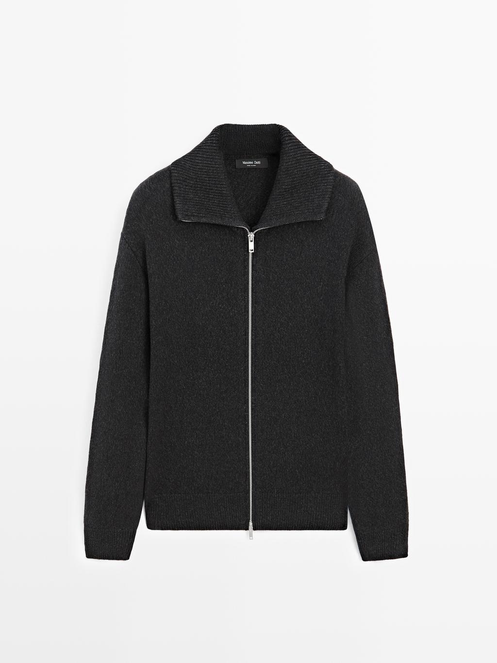 Wool blend high neck knit cardigan