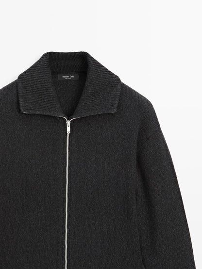 Wool blend high neck knit cardigan