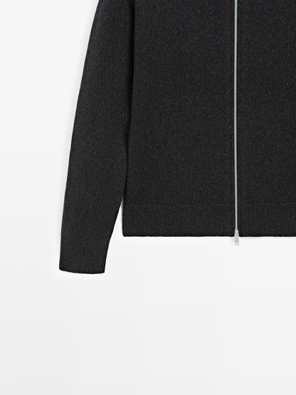 Wool blend high neck knit cardigan