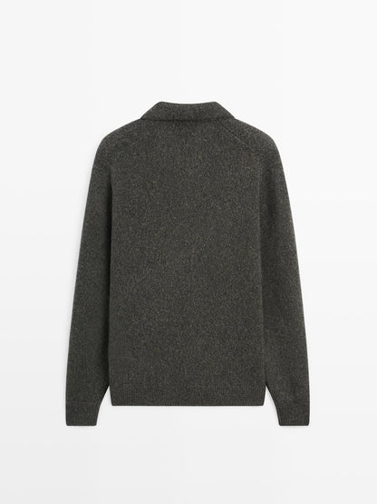 Flecked V-neck knit polo sweater