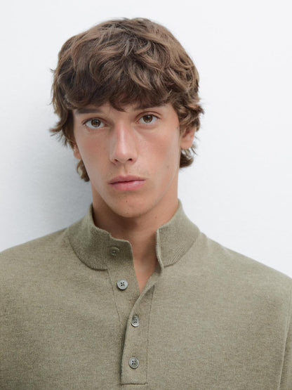 Knit sweater with mock button neck