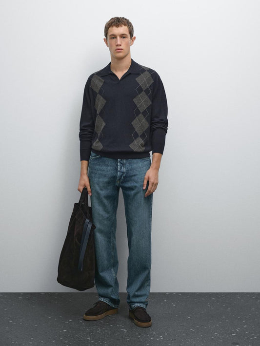 Knit wool blend argyle polo sweater