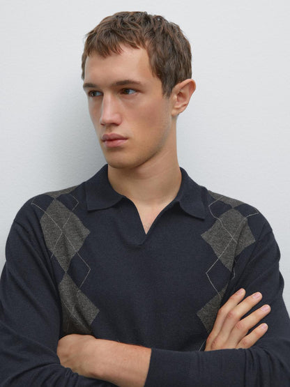 Knit wool blend argyle polo sweater
