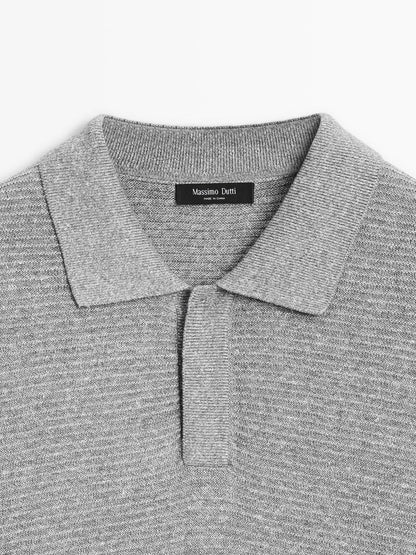 Linen and cotton blend knit polo shirt with short sleeves
