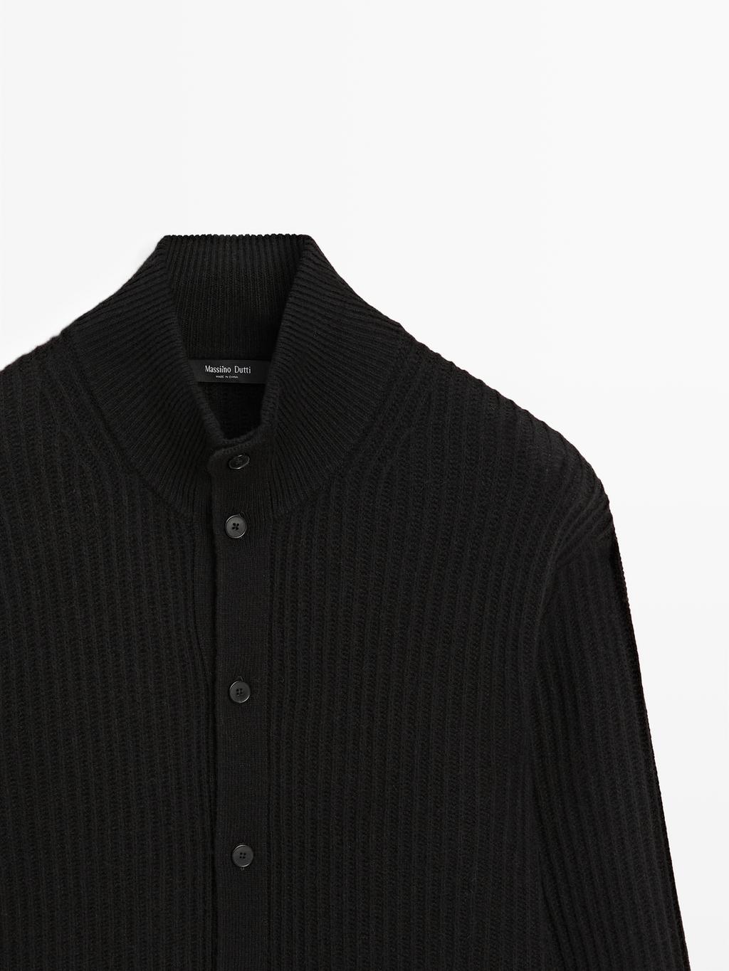 Knit wool blend cardigan with high neck