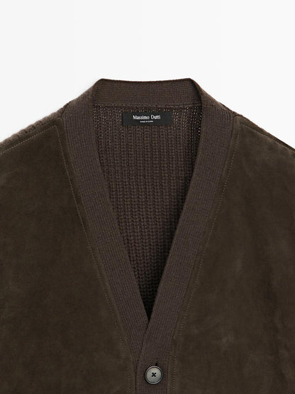 Wool and leather blend knit cardigan