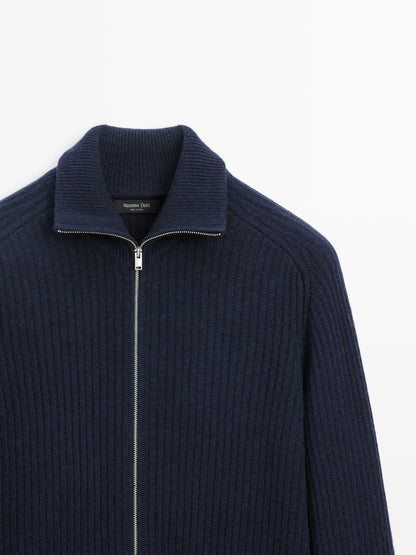 Wool blend zip-up knit cardigan