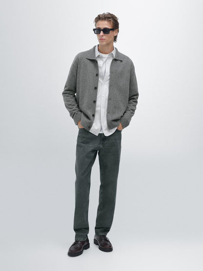 100% wool knit cardigan with polo collar