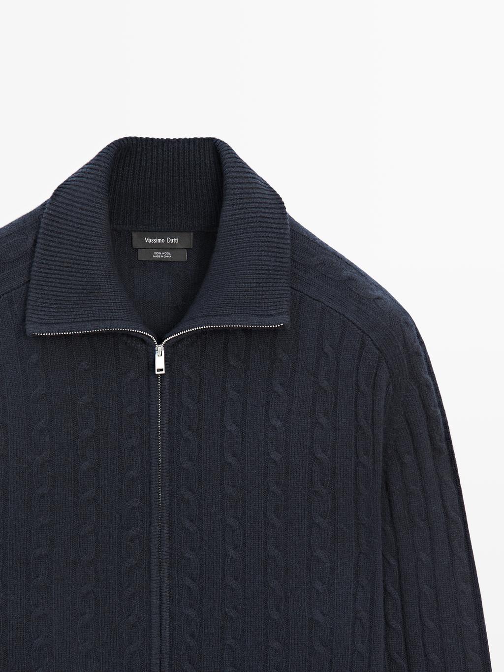100% wool cable-knit zip-up cardigan