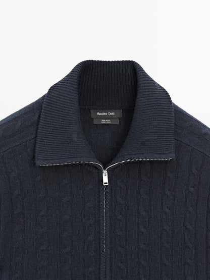 100% wool cable-knit zip-up cardigan