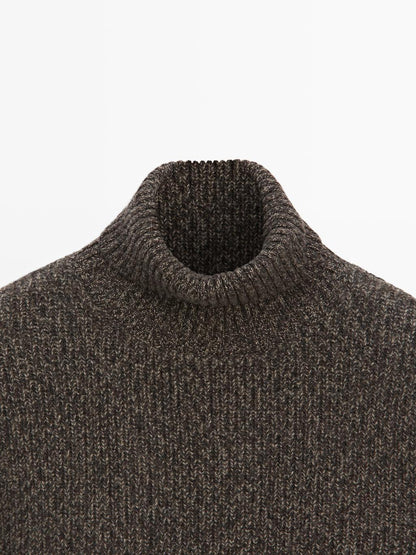 100% wool mouline knit sweater with high neck