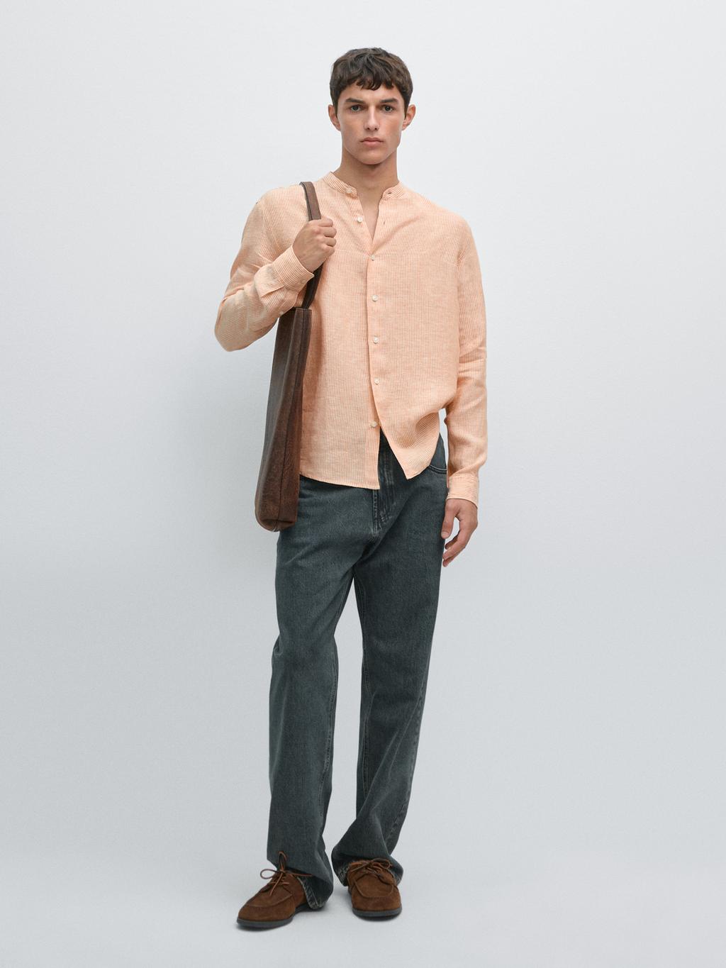 Regular fit striped 100% linen shirt