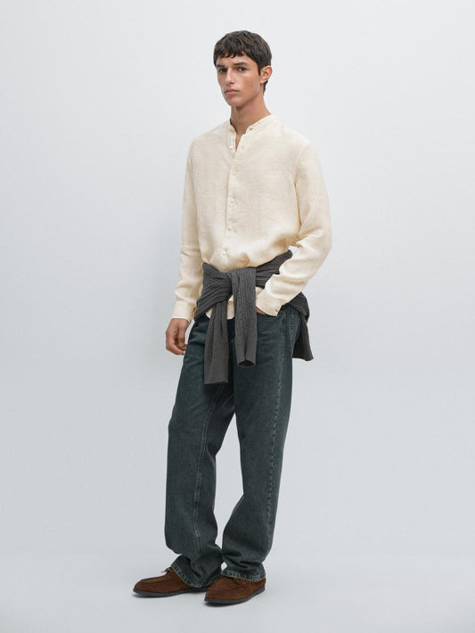 Regular fit striped 100% linen shirt