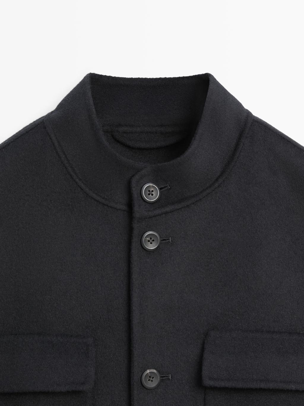 Double wool blend jacket with stand collar